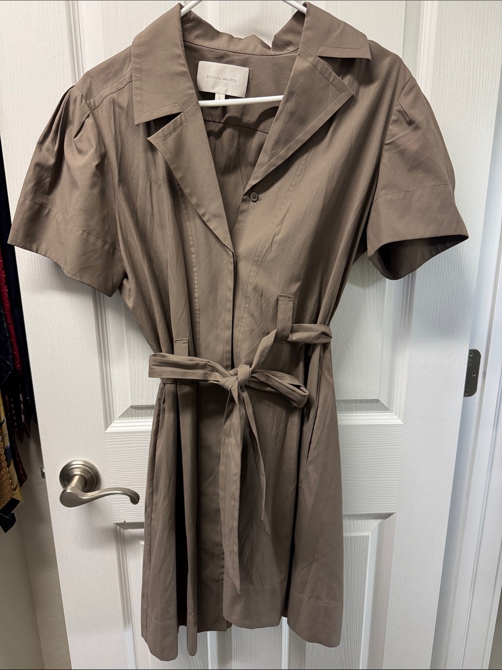 Brochu Walker Taupe Short Sleeve Mini Dress with Waist Tie